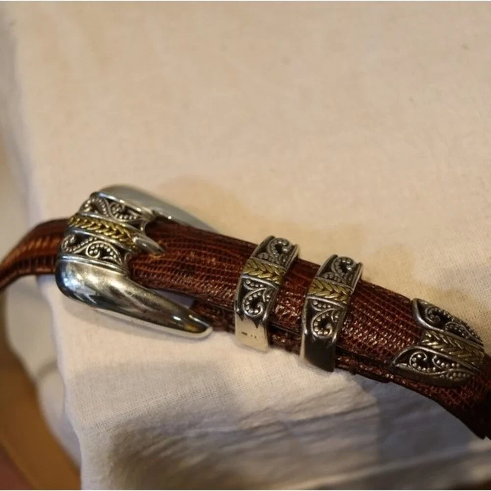 Arden Leather Lizard Embossed Calfskin Belt Brown, Silver hardware size Large
